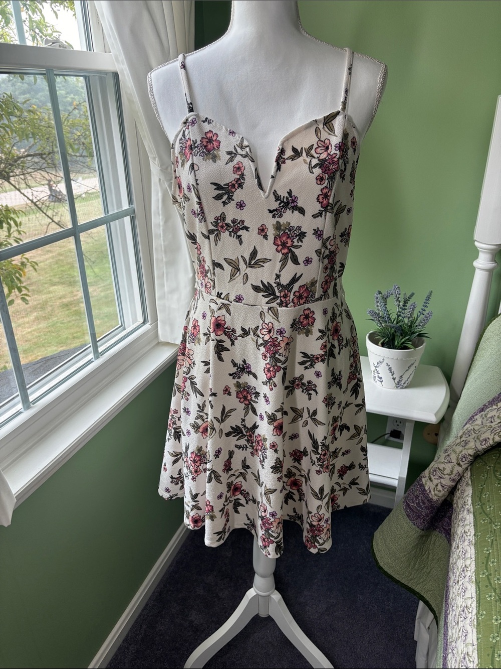 No Boundaries Cream Floral Mini Dress with Pink and Green Print
